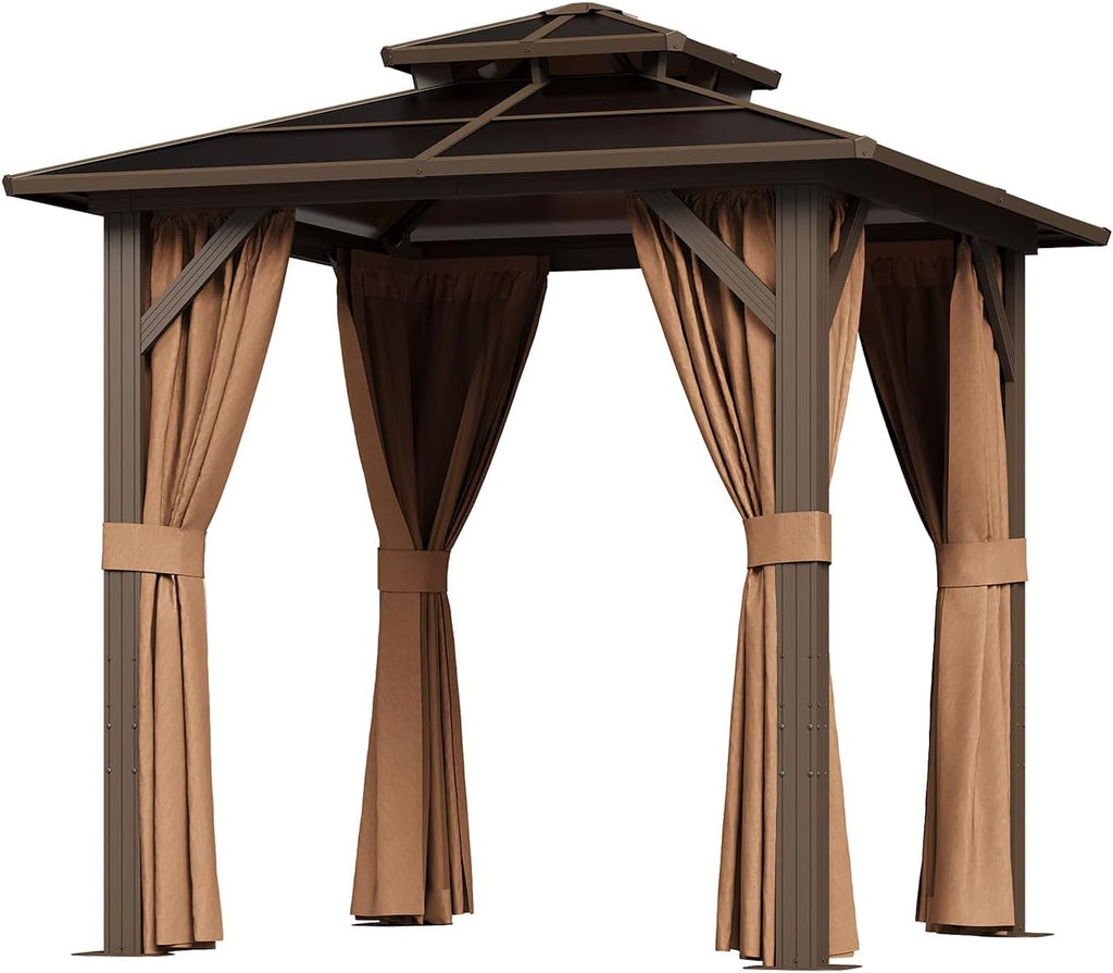 8' x 8' Double Roof Gazebo with Polycarbonate Panels – Sturdy Aluminum Frame, Outdoor Pavilion with Curtains for Patio, Garden & Backyard
