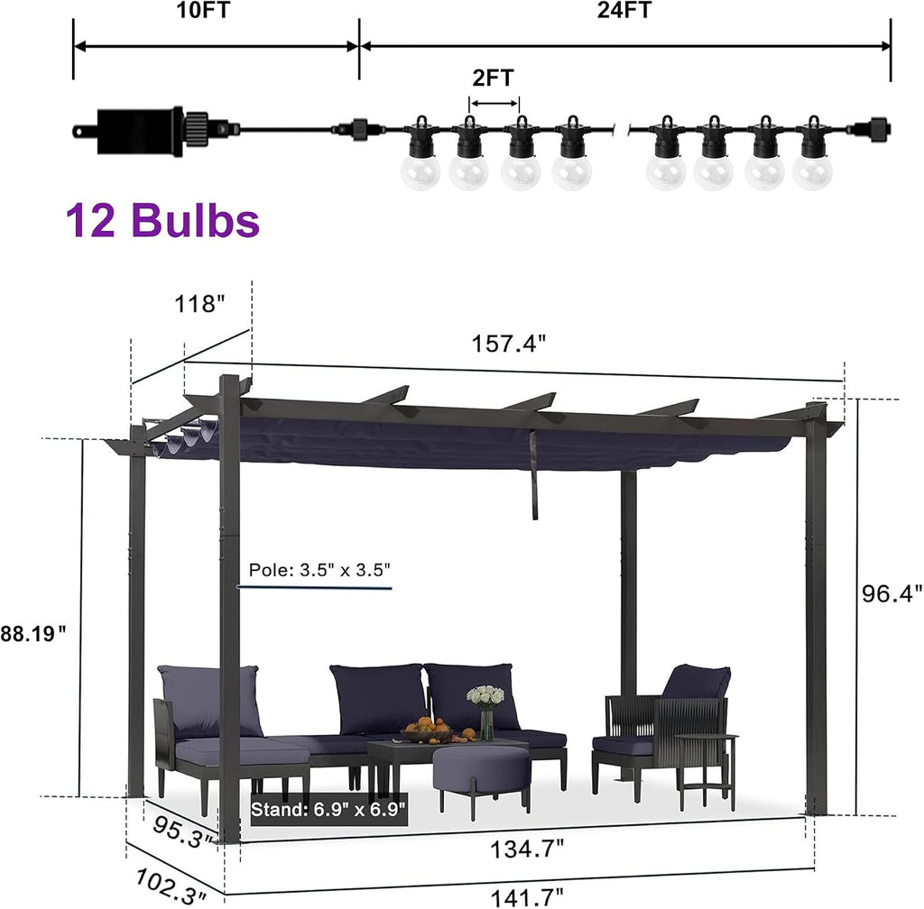 PURPLE LEAF 10' x 13' Outdoor Retractable Pergola with Double Sun Shade Canopy Patio Aluminum Pergola Metal Shelter with Light for Backyard Deck Garden, Navy Blue