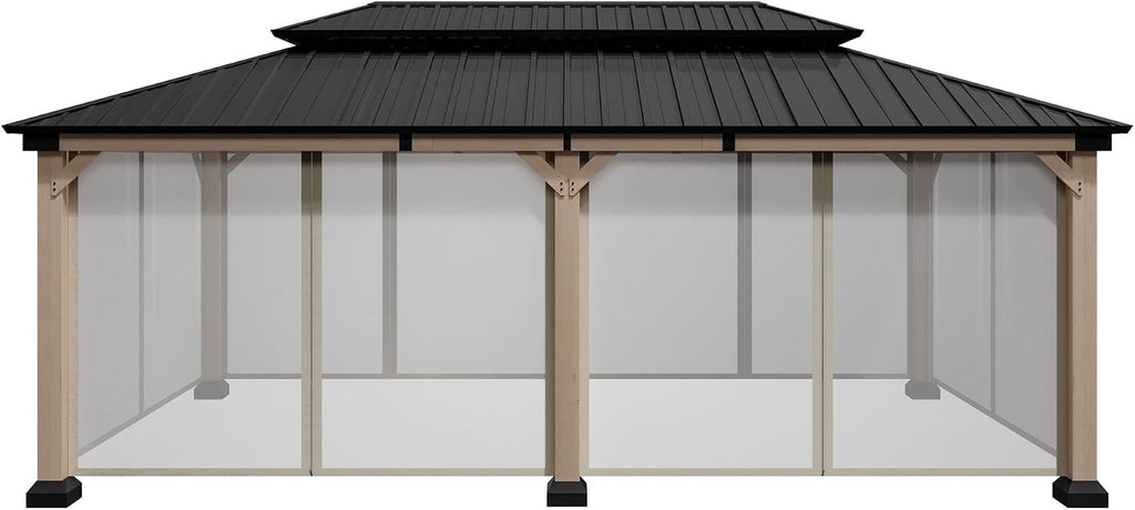 Cedar Wood Gazebo 12x20Ft Hardtop Gazebo with Netting, Outdoor Permanent Gazebo Pergola with Galvanized Steel Double Roof Pavilion for Patio Lawn Garden