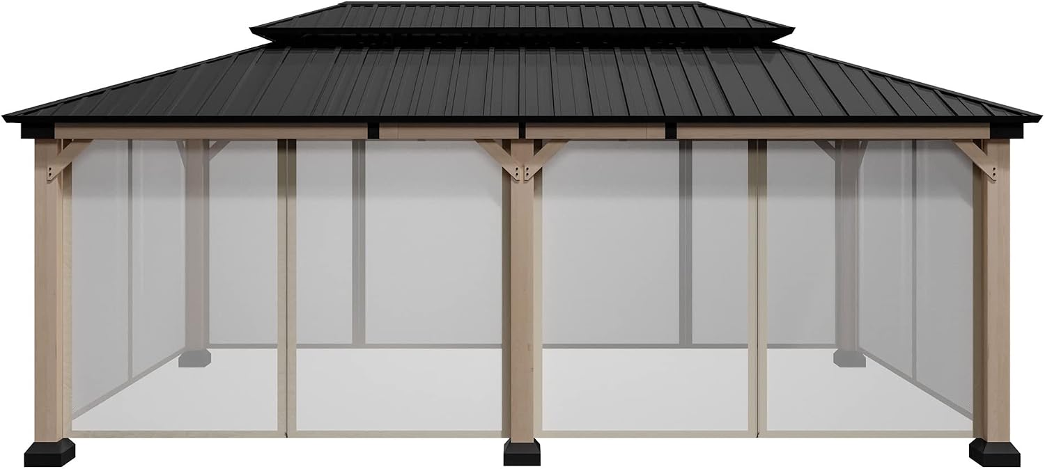 Cedar Wood Gazebo 12x20Ft Hardtop Gazebo with Netting, Outdoor Permanent Gazebo Pergola with Galvanized Steel Double Roof Pavilion for Patio Lawn Garden