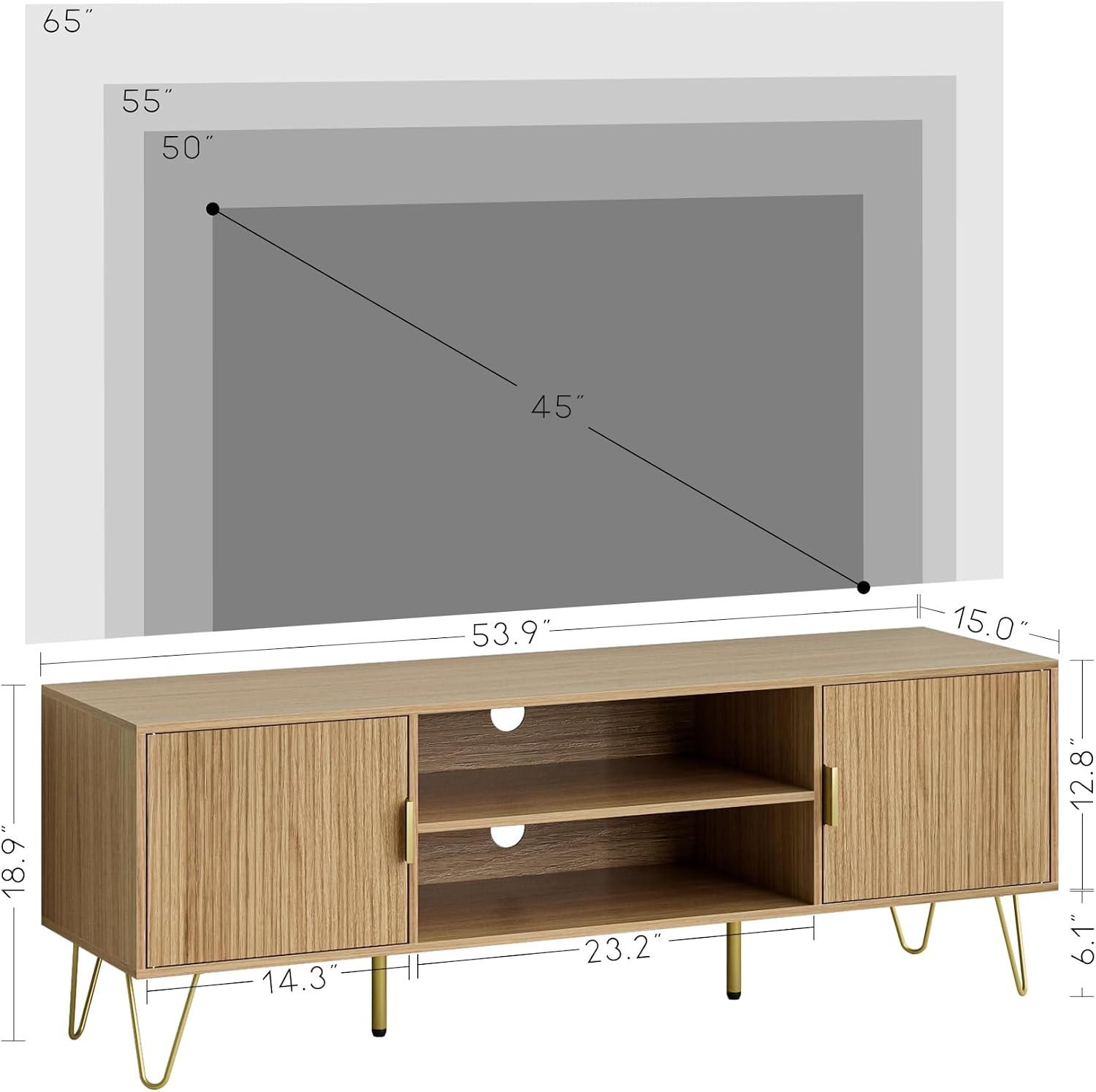 TV Stand for 55-65 Inch TV, Entertainment Center with Soft Hinge Door,TV Console Table with 2 Cabinets with Gold Handle and Feet,for Living Room, Bedroom, Oak