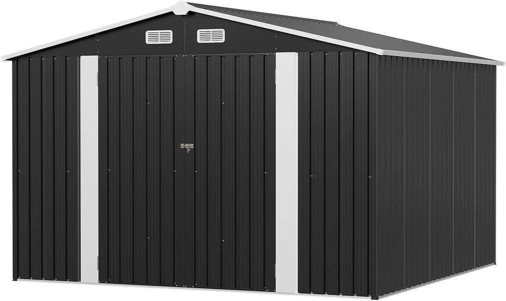 10x10FT Black Metal Storage Shed, Durable Outdoor Tool Shed with Sturdy Steel Construction, Ideal for Backyard, Garden, or Lawn