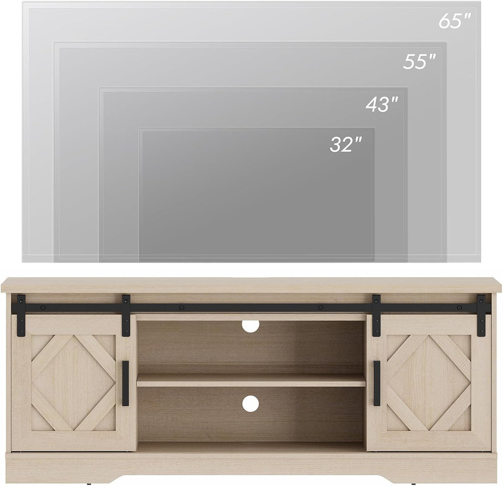 WAMPAT Modern Farmhouse TV Stand for TVs up to 65' with Sliding Barn Doors, 23.6' H Wood Entertainment Center with Adjustable Media Storage Shelf for Living Room, Beige Wood