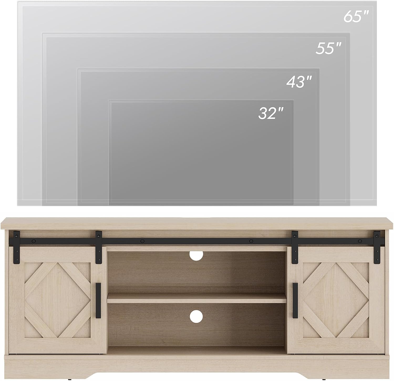WAMPAT Modern Farmhouse TV Stand for TVs up to 65' with Sliding Barn Doors, 23.6' H Wood Entertainment Center with Adjustable Media Storage Shelf for Living Room, Beige Wood