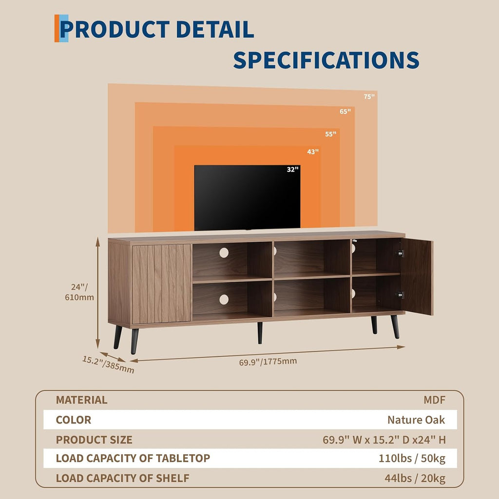 70' Fluted TV Stand for Living Room , Mid Century Modern Television Stand with Open Storage Shelves for Up to 75 Inch TVs, Entertainment Center Media Console TV Cabinet with Adjustable Shelves