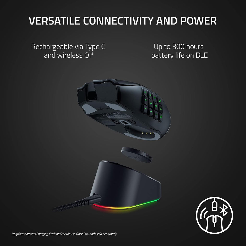 Razer Naga V2 Pro Wireless Gaming Mouse: Interchangeable Side Plate w/ 2, 6, 12 Button Configurations - Focus+ 20K DPI Optical Sensor - Fastest Gaming Mouse Switch - Chroma RGB Lighting (Renewed)