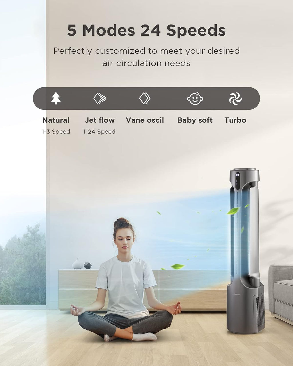 AIRMATE Air Purifier Bladeless Tower Fans, 1500CFM Large Air Volume, 45' 2-in-1 Standing Fan for Bedroom & Home, 28ft/s Velocity, 90° Oscillation, 15H Timer, Low Noise, Silver