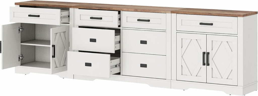 WAMPAT 110' W Large TV Stand,3-in-1 Farmhouse Entertainment Center with Storage Barn Door Cabinet,TV Console Table with Media Cabinet and Drawers for Living Room,Bedroom,Cream White
