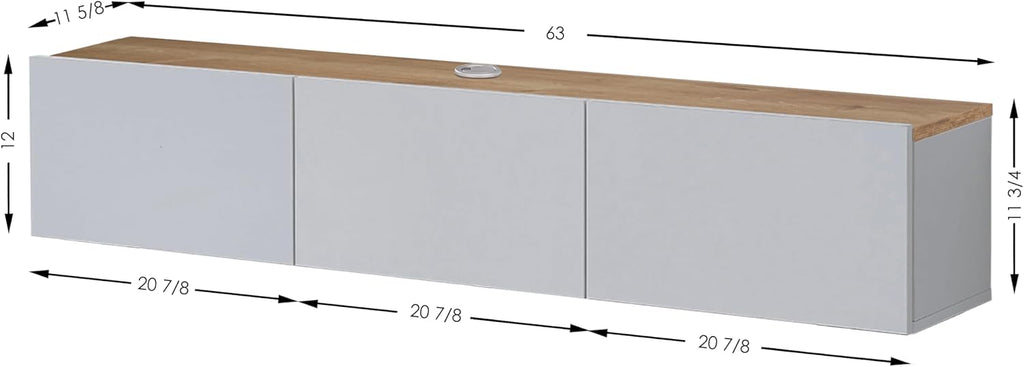 Atelier Mobili Floating TV Stand - Wall Mounted, Supports up to 80 inch TV, Modern White Entertainment Center for Living Room, White Floating TV Stand with Oak Counter Design