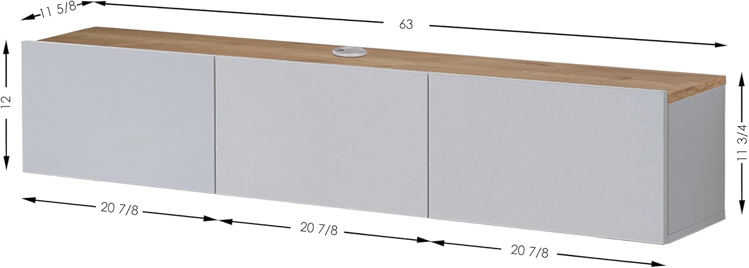 Atelier Mobili Floating TV Stand - Wall Mounted, Supports up to 80 inch TV, Modern White Entertainment Center for Living Room, White Floating TV Stand with Oak Counter Design