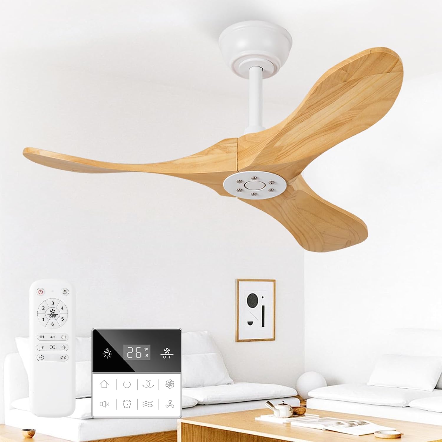 36 Inch Solid Wood Ceiling Fans without Light,Small Modern 3 Blade Quiet Dc Ceiling Fan For Slanted Ceilings, Rustic Wood Ceiling Fan For Gazebo With Wall Switch and Remote Control