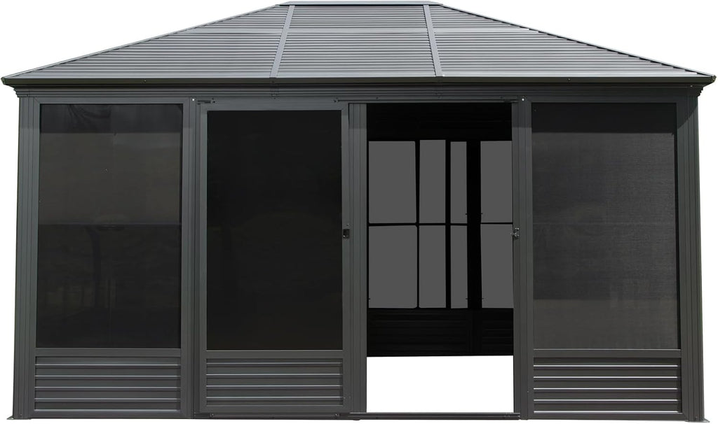 11.2x14.6 FT Sunroom, Four Season Enclosed Hardtop Gazebo with Galvanized Steel Roof, Aluminum Solarium Sun Room with Movable PVC Screen Walls, Sliding Doors, Metal Hard Top Gazebo for Patio, Deck