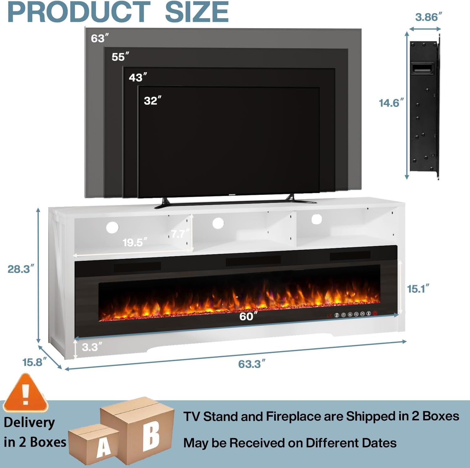 PRETZI 65' Fireplace TV Stand with 60' Glass Electric Fireplace for TVs Up to 75 inch, Modern Fireplace Entertainment Center with Open Storage Shelf, Media Console TV Cabinet for Living Room, White