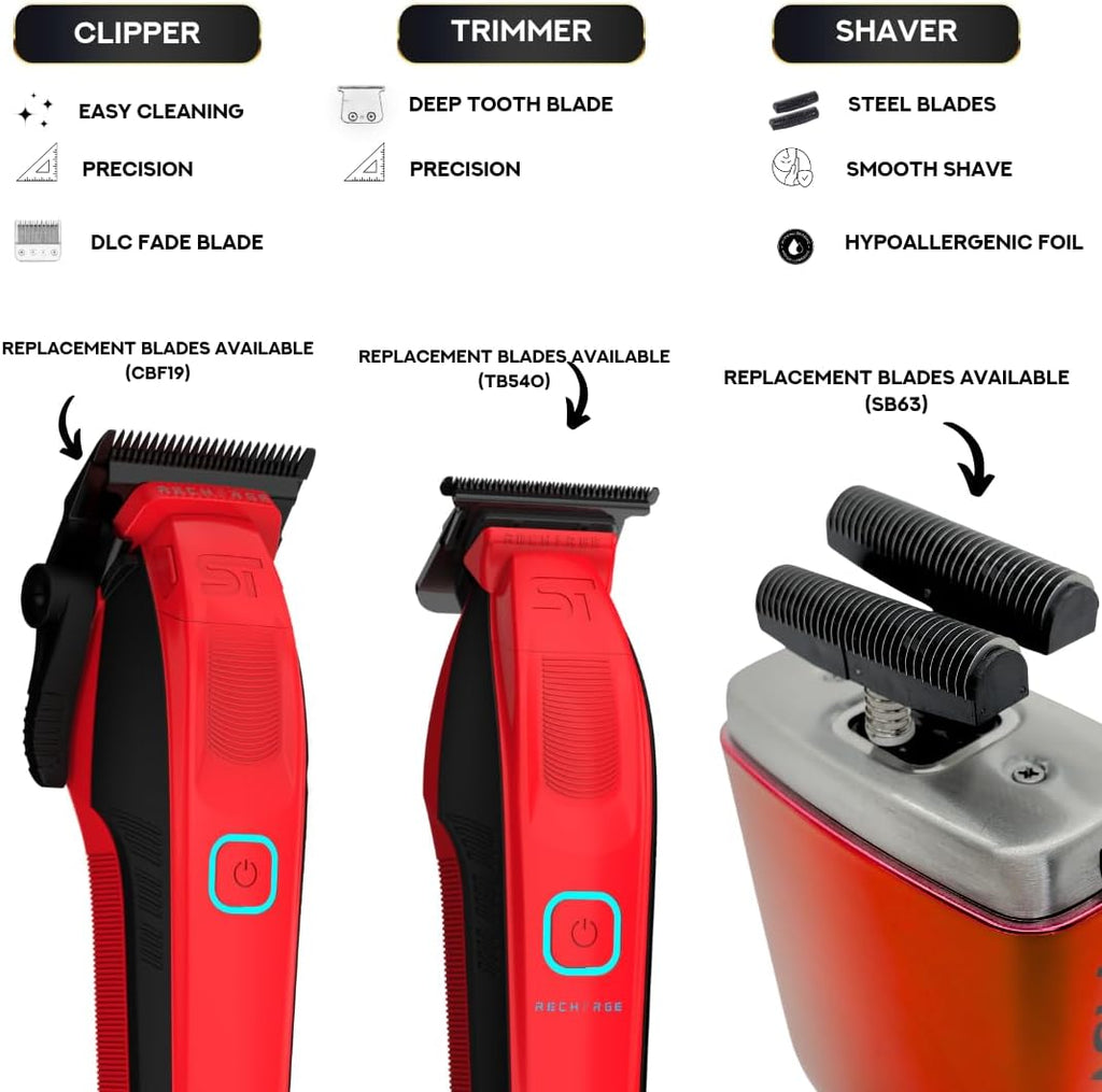 Supreme Trimmer 3-in-1 Recharge Hair Clipper, Beard Trimmer & Crunch Foil Shaver Combo | Removable Batteries, Smart USB Charging Base, Master Barber Set | STB775 + STF602