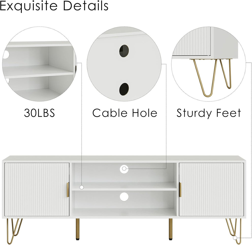 TV Stand for 55-65 Inch TV, Entertainment Center with Soft Hinge Door,TV Console Table with 2 Cabinets with Gold Handle and Feet,for Living Room, Bedroom, White