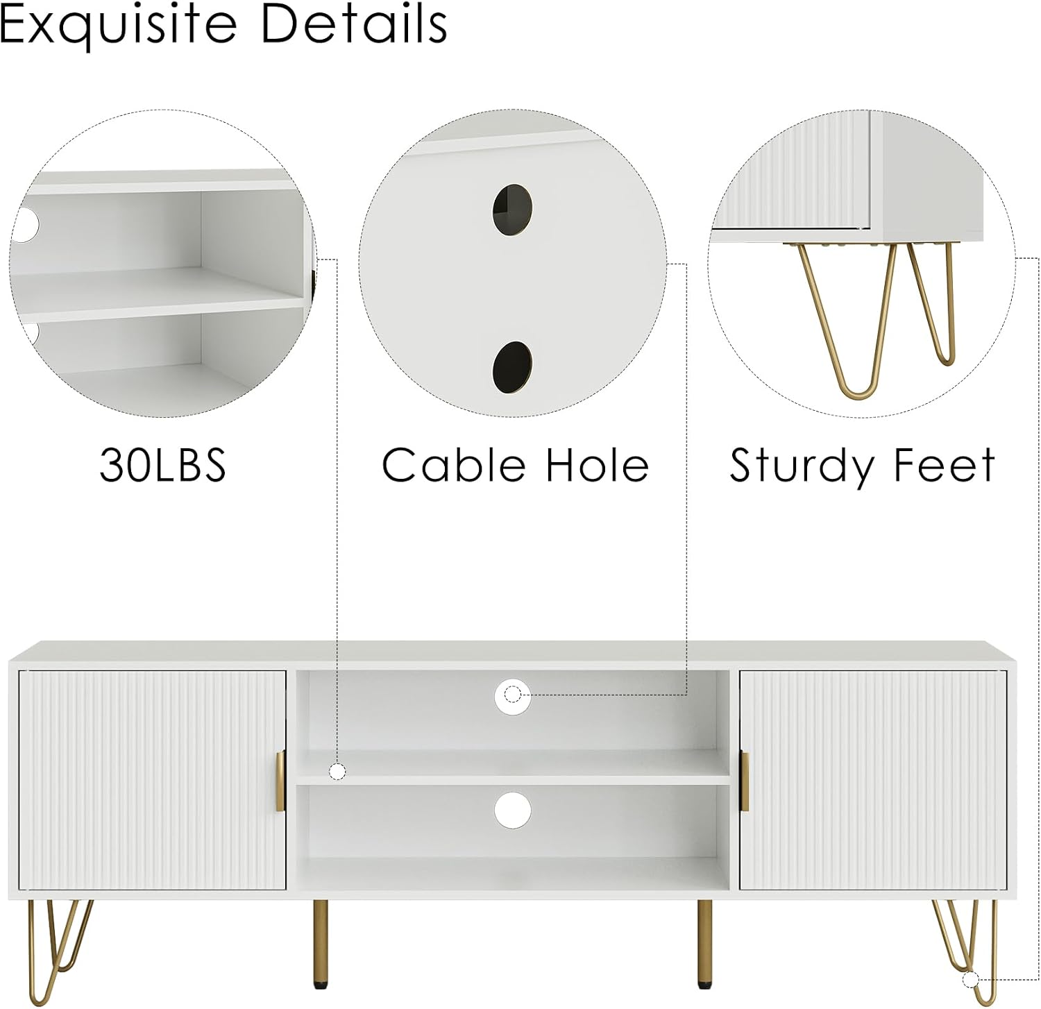 TV Stand for 55-65 Inch TV, Entertainment Center with Soft Hinge Door,TV Console Table with 2 Cabinets with Gold Handle and Feet,for Living Room, Bedroom, White