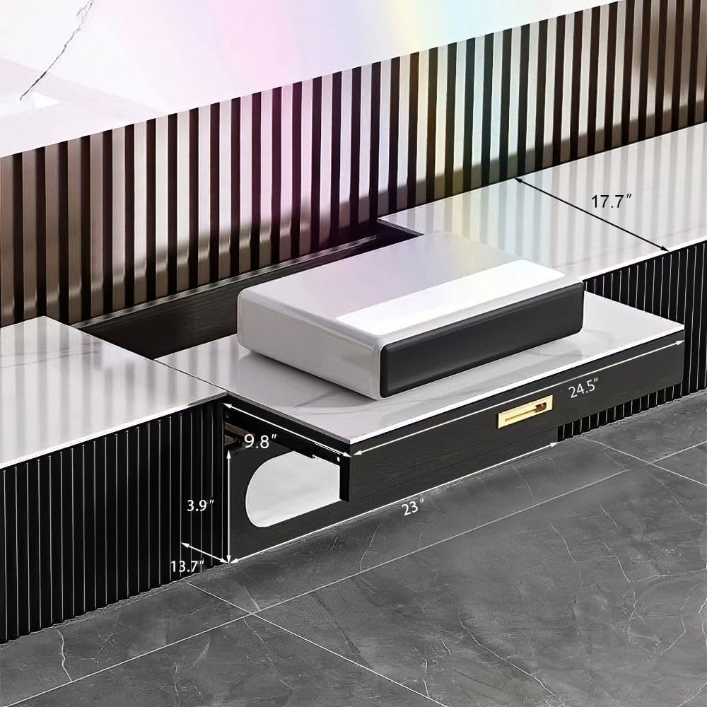 POVISON Fully-Assembled Modern TV Stand for Projector, Sintered Stone Entertainment Center with Storage for 75 inch TV, Wood TV Console, Media Console for Living Room Bedroom