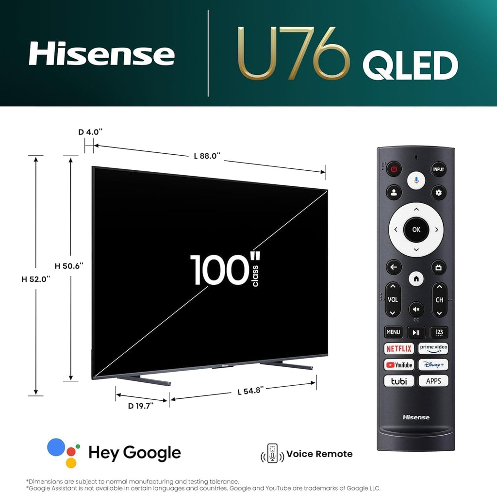 Hisense 100-Inch Class U7 Series ULED 4K UHD Google Smart TV (100U76N, 2024 Model) - QLED, Native 144Hz, Motion Rate 480, Dolby Vision, Full Array Local Dimming, Game Mode Pro, Alexa Compatibility