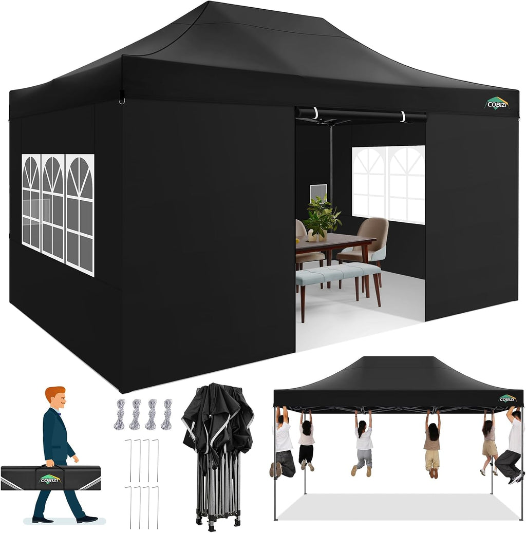COBIZI 10x15 FT Heavy Duty Pop up Canopy with 4 Removable Sidewalls, Easy up Gazebo High Stability, All Weather Sunshade 100% Waterproof Outdoor Canopy Tents with Carry Bag, Black