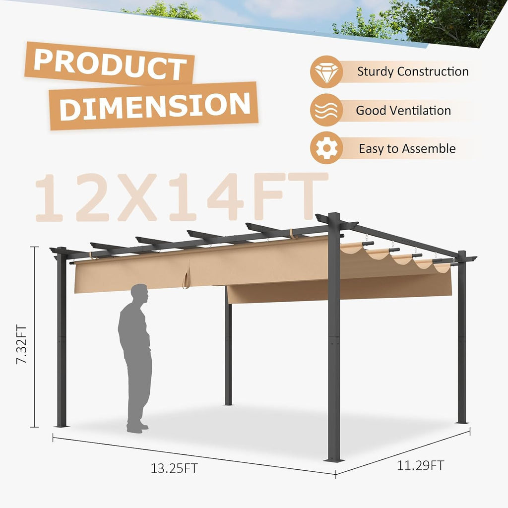 Spacious 12' x 14' Hardtop Pergola with Adjustable Roof – Durable Metal Frame with Brown Shade Canopy for Patio, Garden & Backyard