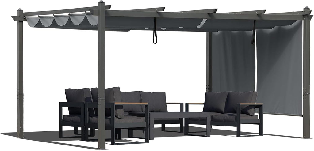 BPS 12x16 FT Outdoor Pergola - Retractable Shade Canopy with Aluminum Frame & Roller Shade Curtains for Patio, Backyard, or Deck, Gray