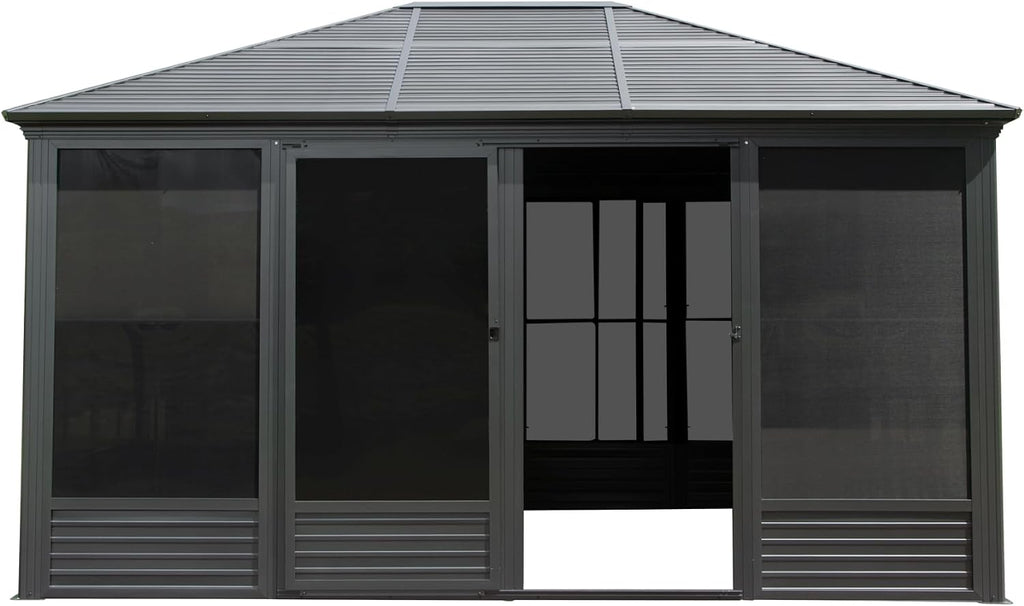 11.2'(W) x 14.6'(L) Outdoor Sunroom Aluminum Hardtop Gazebo with Galvanized Steel Roof, PVC Screen Walls and Sliding Doors, Gray