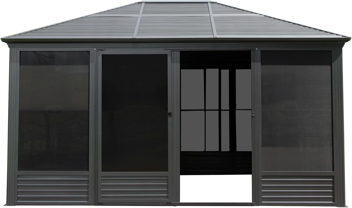 11.2'(W) x 14.6'(L) Outdoor Sunroom Aluminum Hardtop Gazebo with Galvanized Steel Roof, PVC Screen Walls and Sliding Doors, Gray