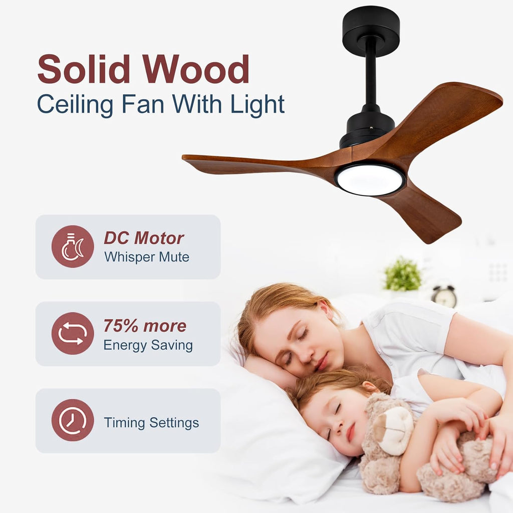 ZVL 36 Inch Ceiling Fans with Lights and Remote Control,3 Walnut Wood Blades,6 Speed Reversible DC Motor,Dimmable,Timer,Memory Function, Indoor Outdoor Ceiling Fan for Bedroom Living Room Patios