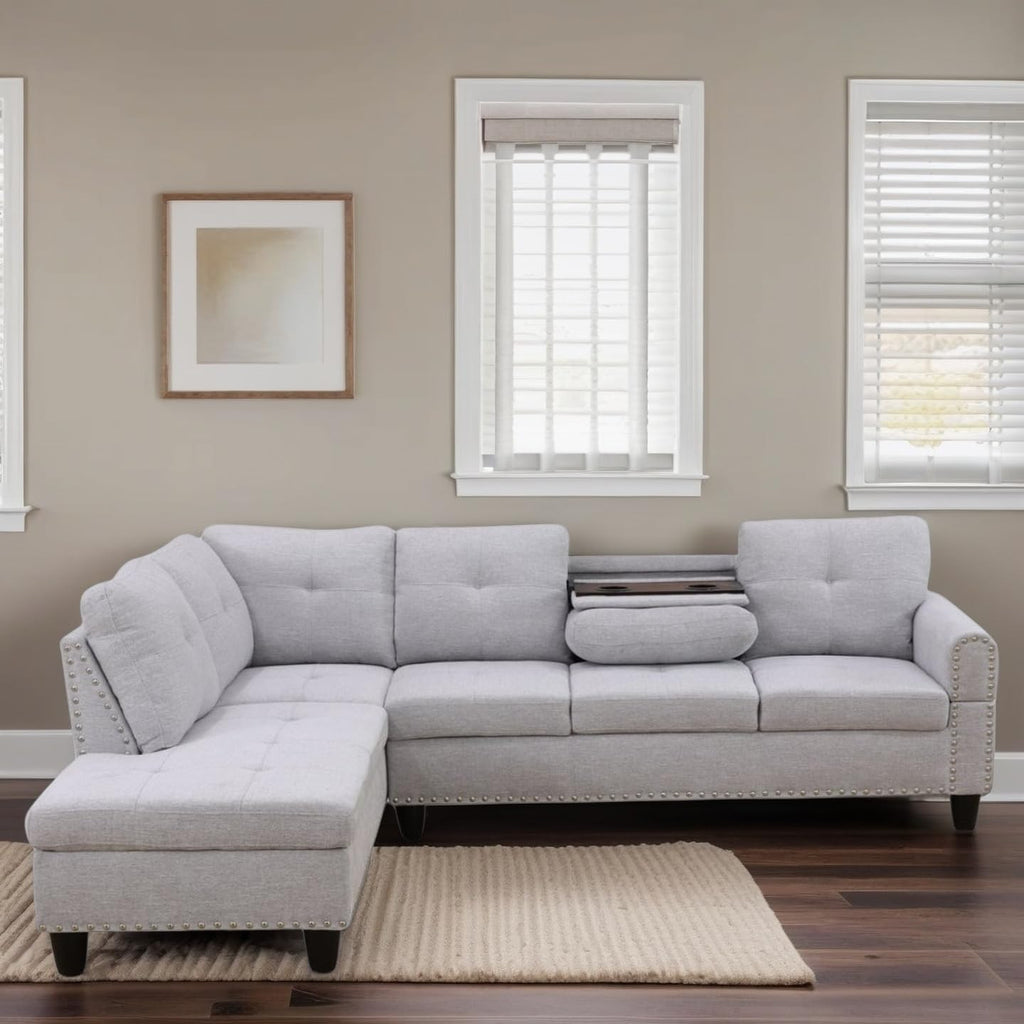L-Shaped Sectional Sofa, Modern Sectional Couches Home Sofas for Living Room with Movable Chaise, Modular Living Room Sets Furniture for Apartment Bedroom & Office, Grey White