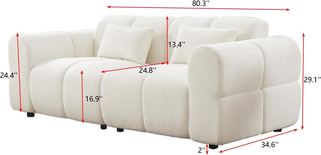 80' Modern Sofa Couch, Comfy Deep Seat Teddy Cloud Sofa, Upholstered 3-Seater Boucle Couch, Oversized Loveseat for Living Room, Bedroom, Office, Apartment(White)