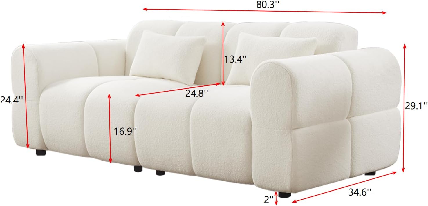 80' Modern Sofa Couch, Comfy Deep Seat Teddy Cloud Sofa, Upholstered 3-Seater Boucle Couch, Oversized Loveseat for Living Room, Bedroom, Office, Apartment(White)