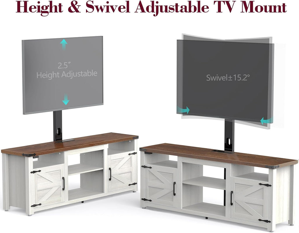 ROCHECASA Farmhouse TV Stand with Mount and Charging Station LED Lights 55', Entertainment Center with Height Adjustable Swivel Mount and Barn Doors Storage Cabinets for TVs Up to 70 inch