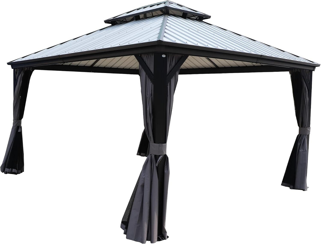 Kozyard Caesar 12'x14' Hardtop Gazebo - Permanent Metal Pavilion with Netting and Shaded Curtains for Patio, Backyard, and Deck - Galvanized Steel Outdoor Aluminum Canopy, Double Roof Gazebo (Grey)