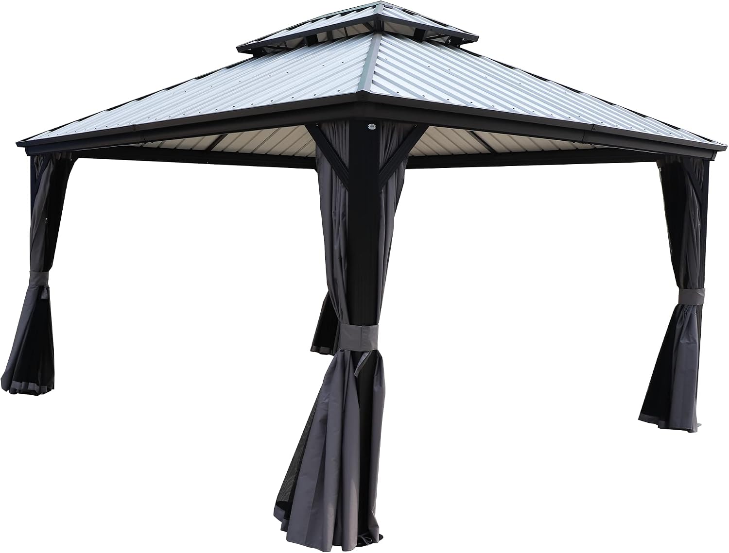 Kozyard Caesar 12'x14' Hardtop Gazebo - Permanent Metal Pavilion with Netting and Shaded Curtains for Patio, Backyard, and Deck - Galvanized Steel Outdoor Aluminum Canopy, Double Roof Gazebo (Grey)