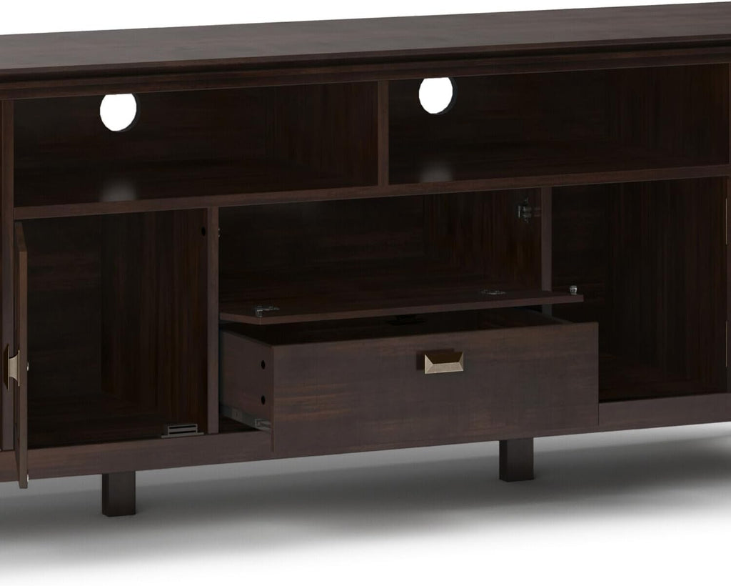 SIMPLIHOME Artisan TV Stand - 72 inch Wide Solid Wood Media Console in Natural Aged Brown, Contemporary Entertainment Center for Living Room for TVs up to 80 Inches with Drawers and Cable Management