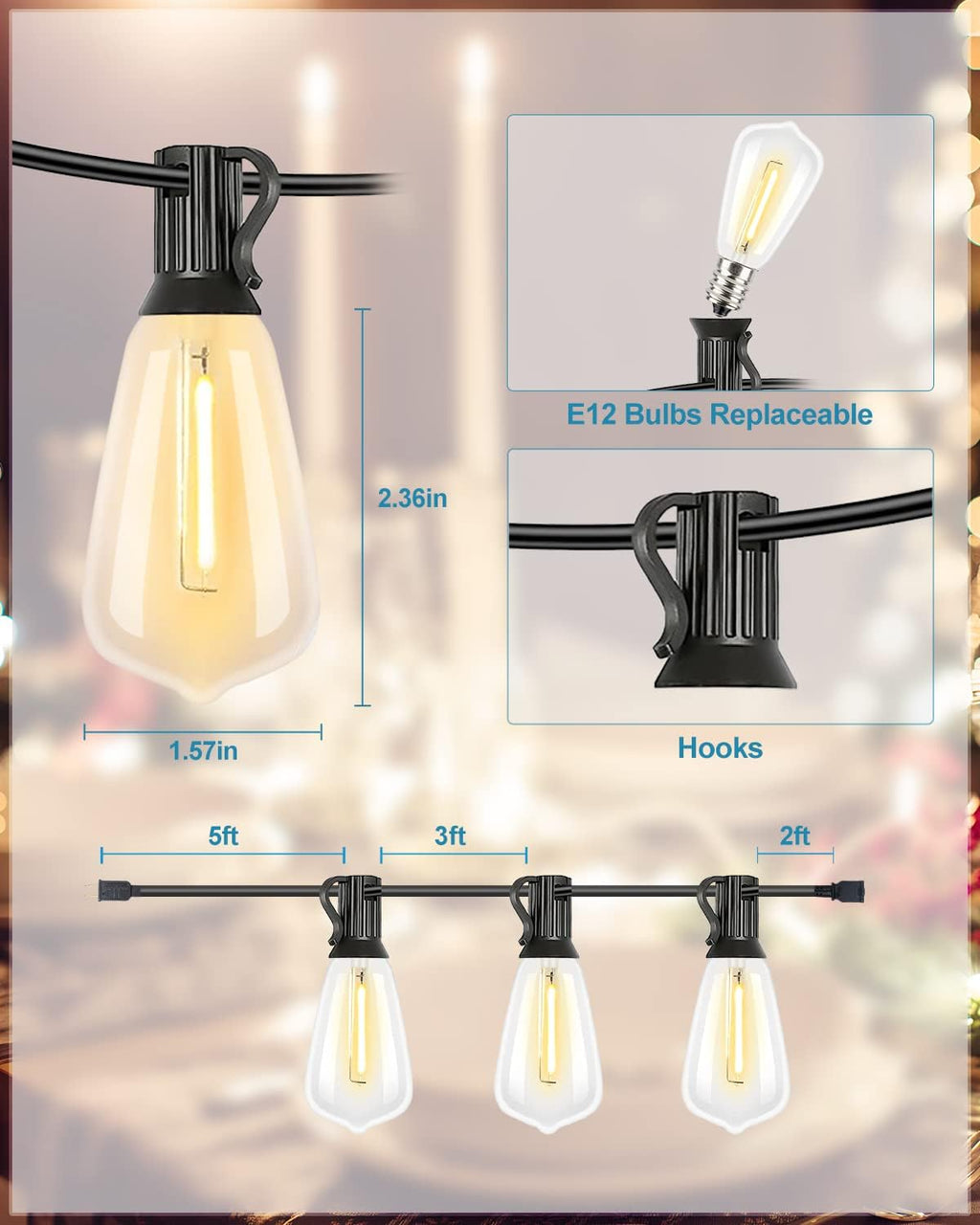 Lightdot 500FT Outdoor String Lights, LED Bistro String Lights with Shatterproof ST38 Vintage Bulbs, 2200K Dimmable, Waterproof Hanging Lights for Porch, Deck, Garden, Backyard, Balcony - ETL Listed