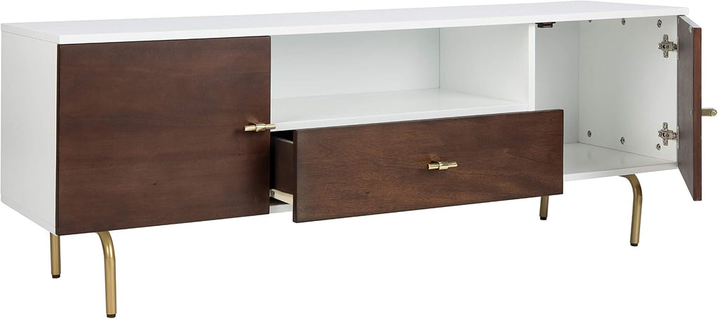 SAFAVIEH Genevieve TV Stand for up to 65' Flatscreen – Walnut & White, Mid-Century Modern Storage Cabinet, Entertainment Media Console (MED5000A)