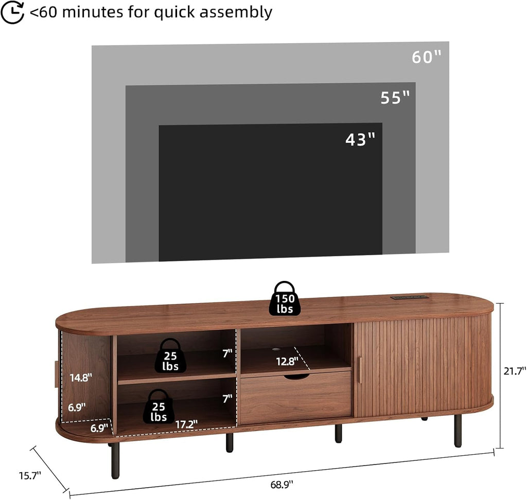 69' Mid-Century TV Stand with Power Outlet, Fluted Entertainment Center with Storage Drawer, TV Console with Sliding Door and Adjustable Shelves, TV Stand up to 80' for Living Room, Bedroom, Walnut