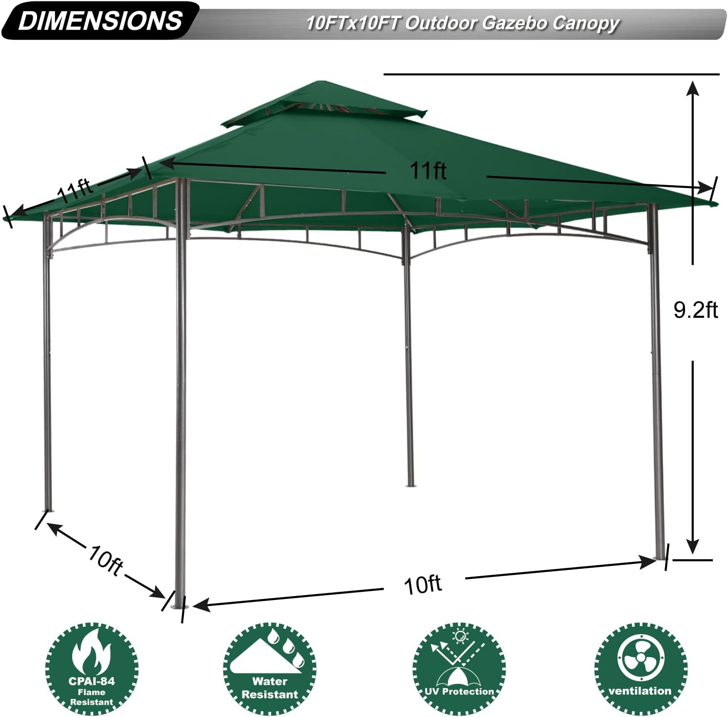 ABCCANOPY Gazebos for Patios 10x10 - Outdoor Steel Frame Gazebo for Lawn Backyard Garden Deck (Forest Green)