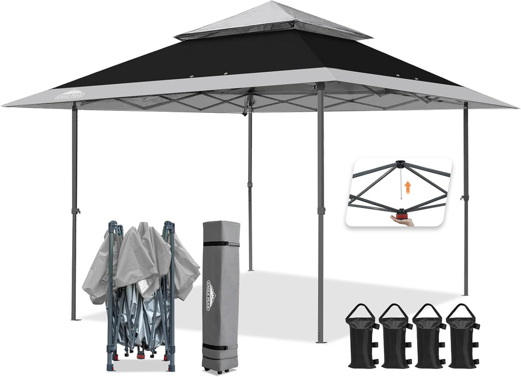 EAGLE PEAK 13x13 Straight Leg Pop Up Canopy Tent Instant Outdoor Canopy Easy Single Person Set up Folding Shelter w/Auto Extending Eaves 169 Square Feet of Shade (Black/Light Gray)