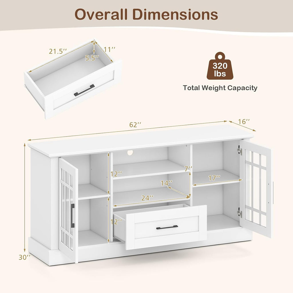Tangkula Farmhouse TV Stand for TV up to 65 70 Inches, Tall Media Console Table with 2 Glass Storage Cabinets, 1 Drawer & 2 Open Shelves, Wooden Entertainment Center for Living Room (White)