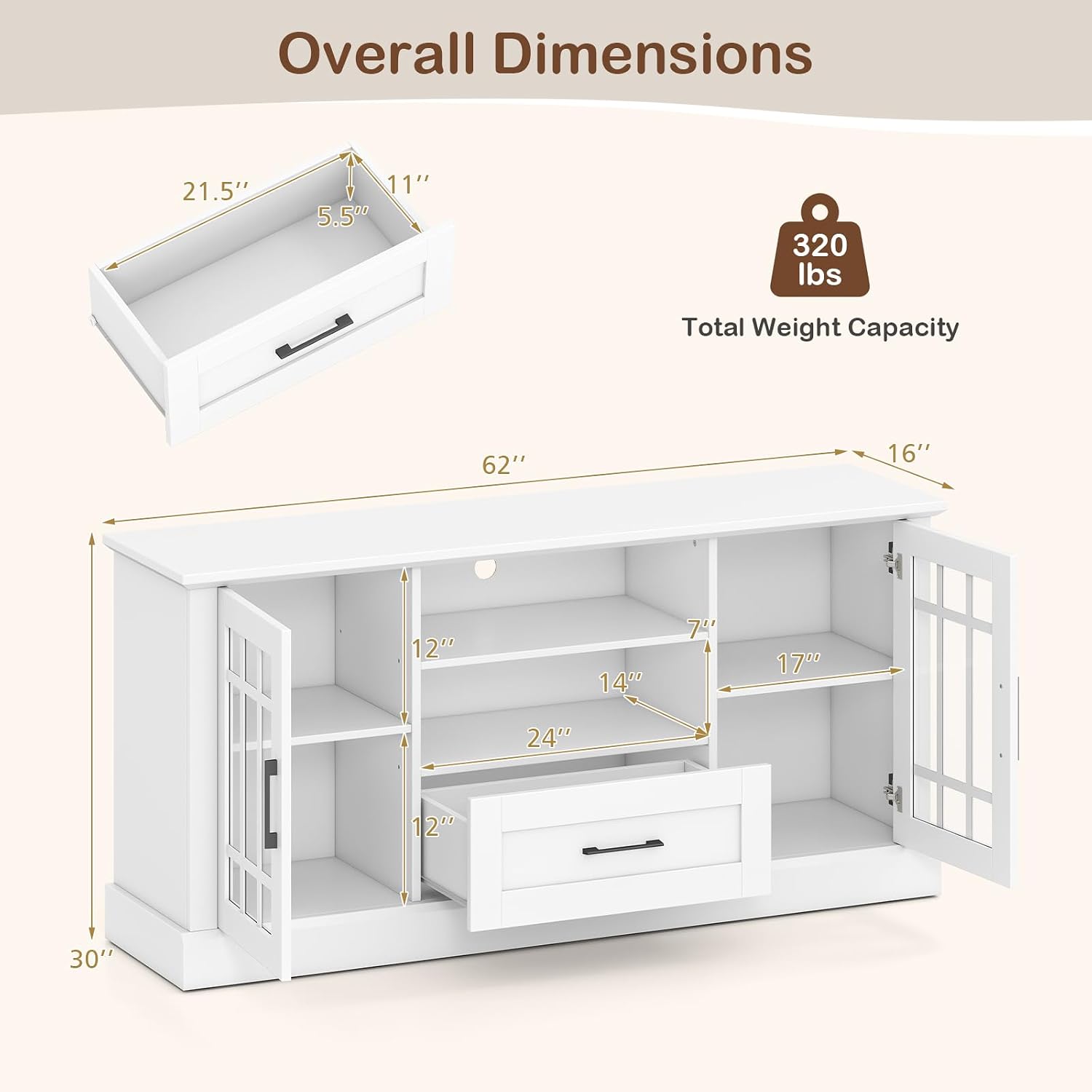 Tangkula Farmhouse TV Stand for TV up to 65 70 Inches, Tall Media Console Table with 2 Glass Storage Cabinets, 1 Drawer & 2 Open Shelves, Wooden Entertainment Center for Living Room (White)