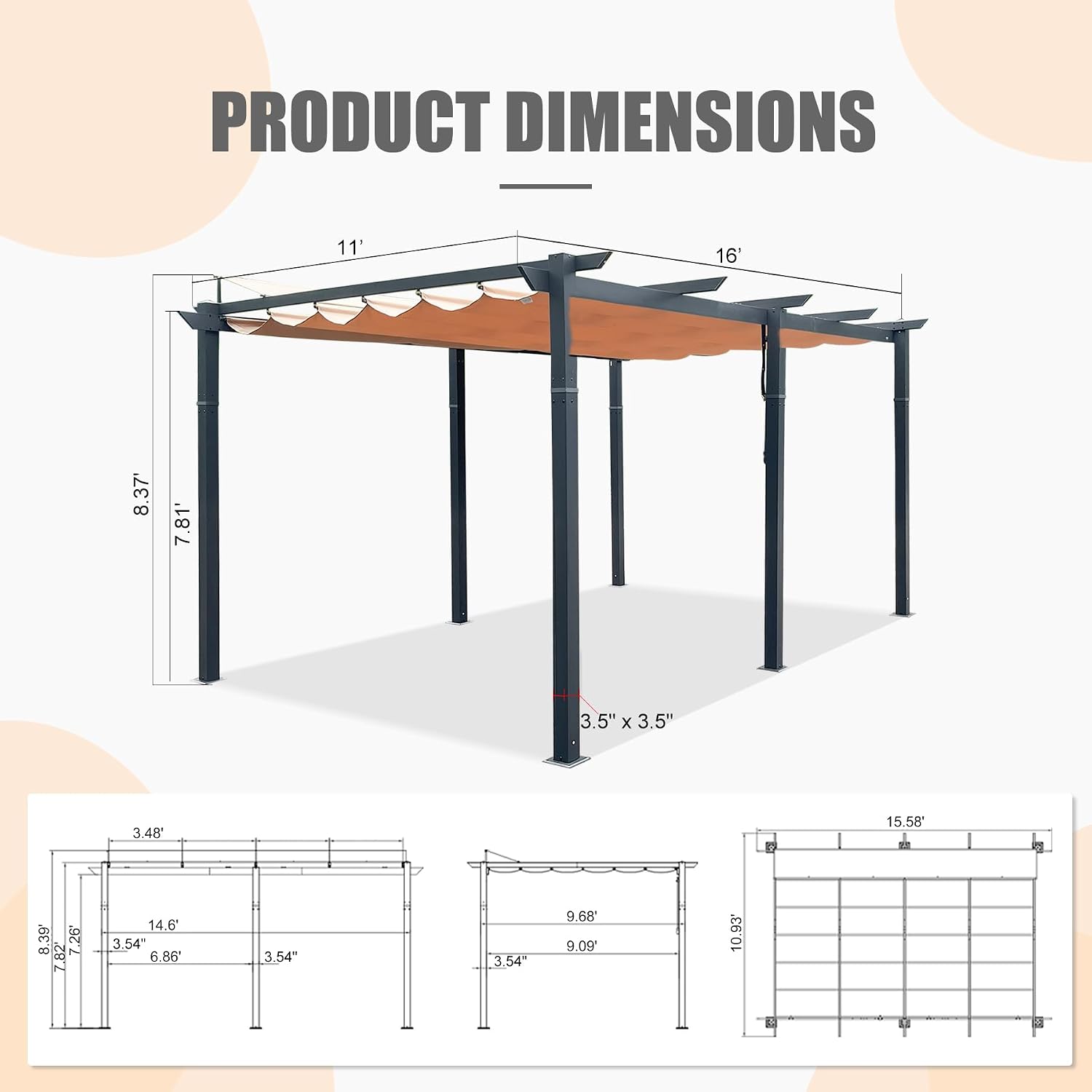 Domi 11'x16' Outdoor Retractable Pergola with Sun Shade Canopy, Aluminum Pergolas and Gazebos Clearance, Patio Outdoor Metal Pergola Canopy for Deck, Garden, Backyard, Khaki