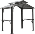 8×5FT Hardtop Grill Gazebo, Outdoor BBQ Gazebo w,Galvanized Steel Double Roof, Permanent Sun Shade Grill Canopy with 2 Side Shelves and Ceiling Hook for Patio Deck Yard G(Grey)