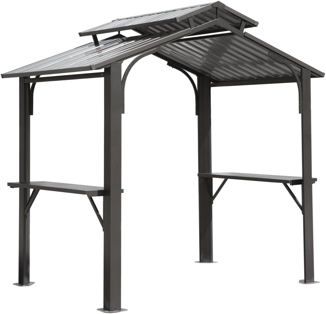 8×5FT Hardtop Grill Gazebo, Outdoor BBQ Gazebo w,Galvanized Steel Double Roof, Permanent Sun Shade Grill Canopy with 2 Side Shelves and Ceiling Hook for Patio Deck Yard G(Grey)