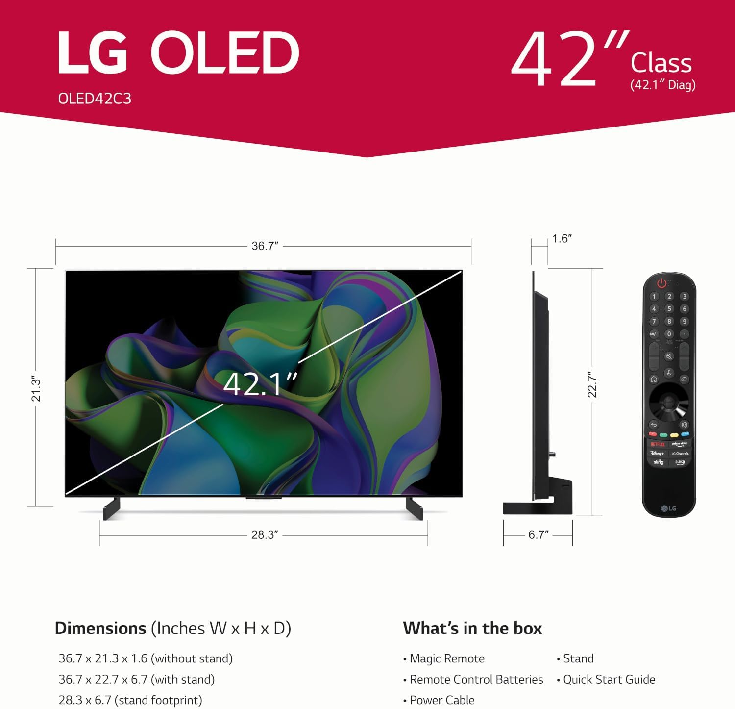 LG C3 Series 42-Inch Class OLED evo 4K Processor Smart TV for Gaming with Magic Remote AI-Powered OLED42C3PUA, 2023 with Alexa Built-in