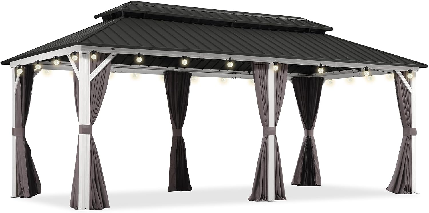 PURPLE LEAF 10' X 20' Outdoor Gazebo Galvanized Steel Double Roof White Aluminum Frame Hardtop Heavy Duty Gazebo with Curtain and Netting for Patio Garden and Backyard, Grey