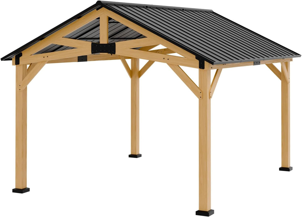 11x13 Hardtop Gazebo, Galvanized Steel Gable Roof Exposed Beam A-Frame Outdoor Pavilion with Cedar Wood Frame, Patio Gazebo for Deck, Garden, Lawn, Natural Wood/Black
