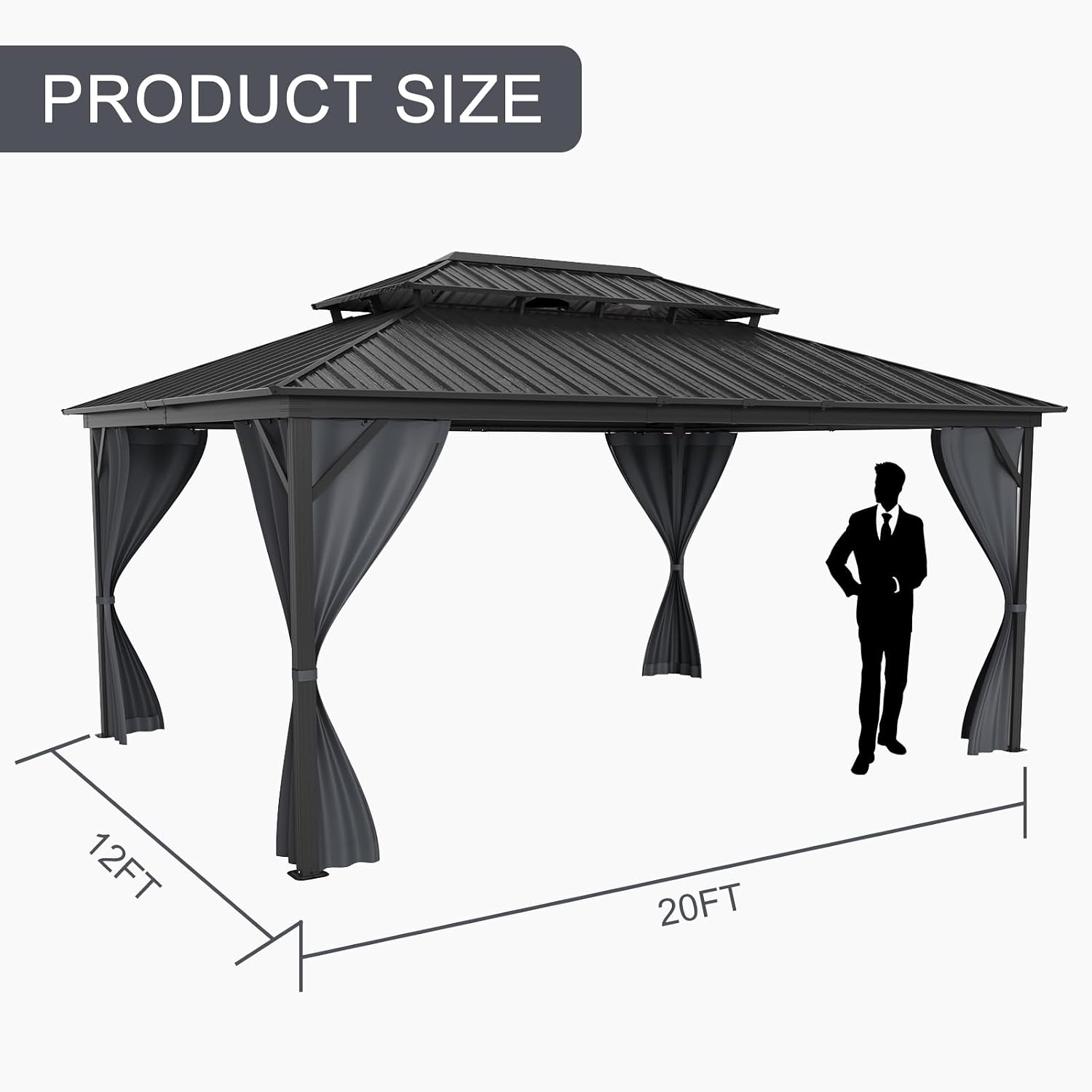 GarveeLife 12x16 ft Hardtop Gazebo, Galvanized Steel Metal Double Roof Aluminum Gazebo with Curtain and Netting, Brown Permanent Pavilion Double Roof Canopy for Patio, Lawn & Garden (12 * 16 ft)