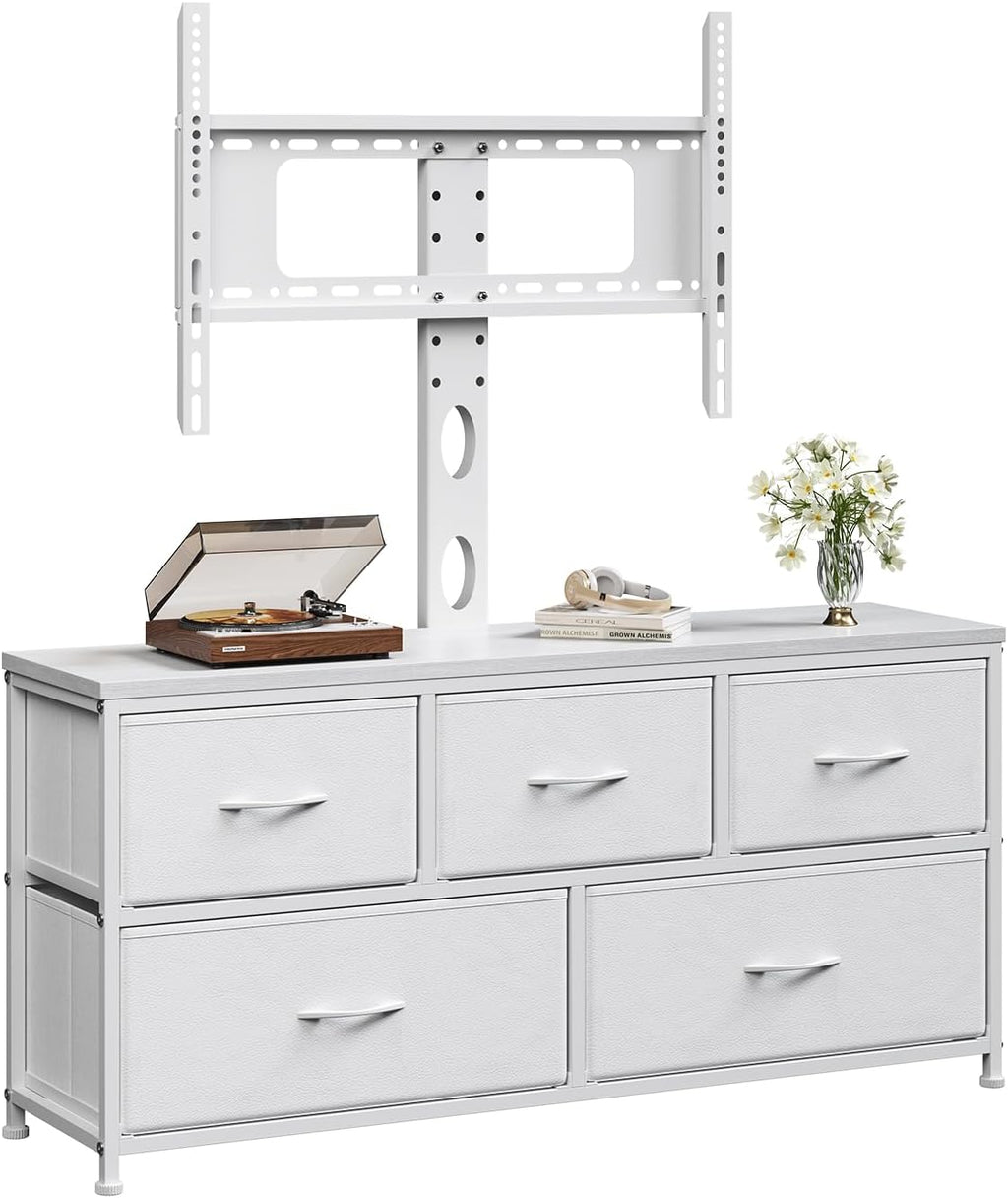 TV Stand with Mount, Fabric Dresser with 5 Drawers for 32/45/55/60/65/75 inch TVs, White Dresser Entertainment Center, Modern Media TV Console Table